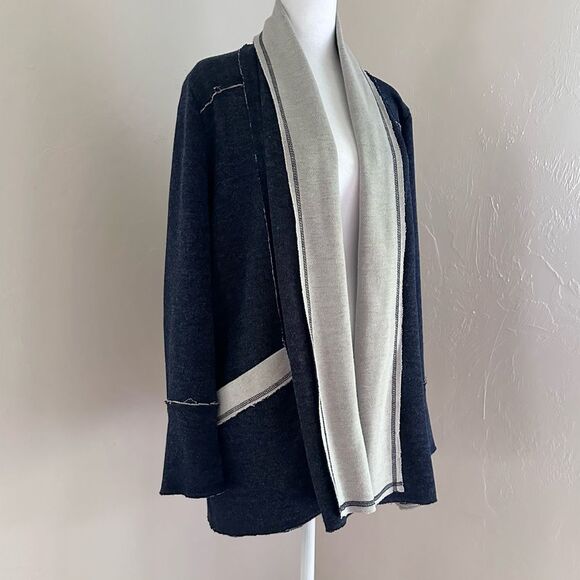 Supply & Demand Open Cardigan Sweatshirt Heathered Navy & Oatmeal Size L - Picture 2 of 9